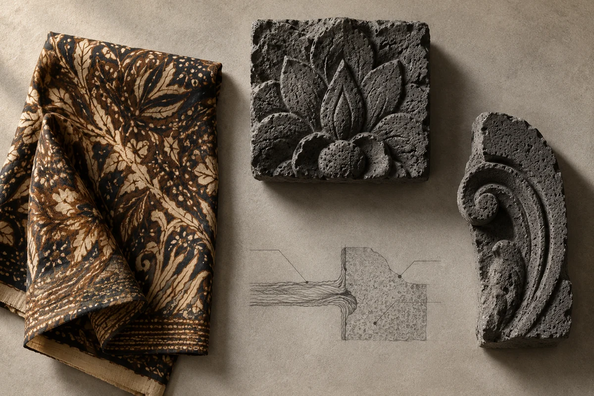 Indonesia: an overhead material and section study of wax-resist cotton & carved volcanic stone.