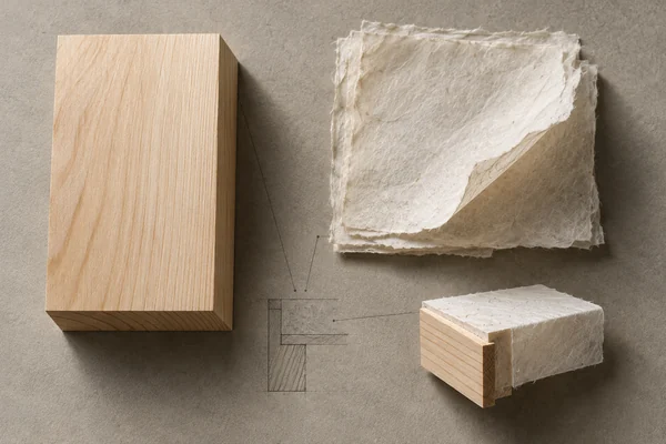 Japan: an overhead material and section study of hinoki cypress & washi paper.
