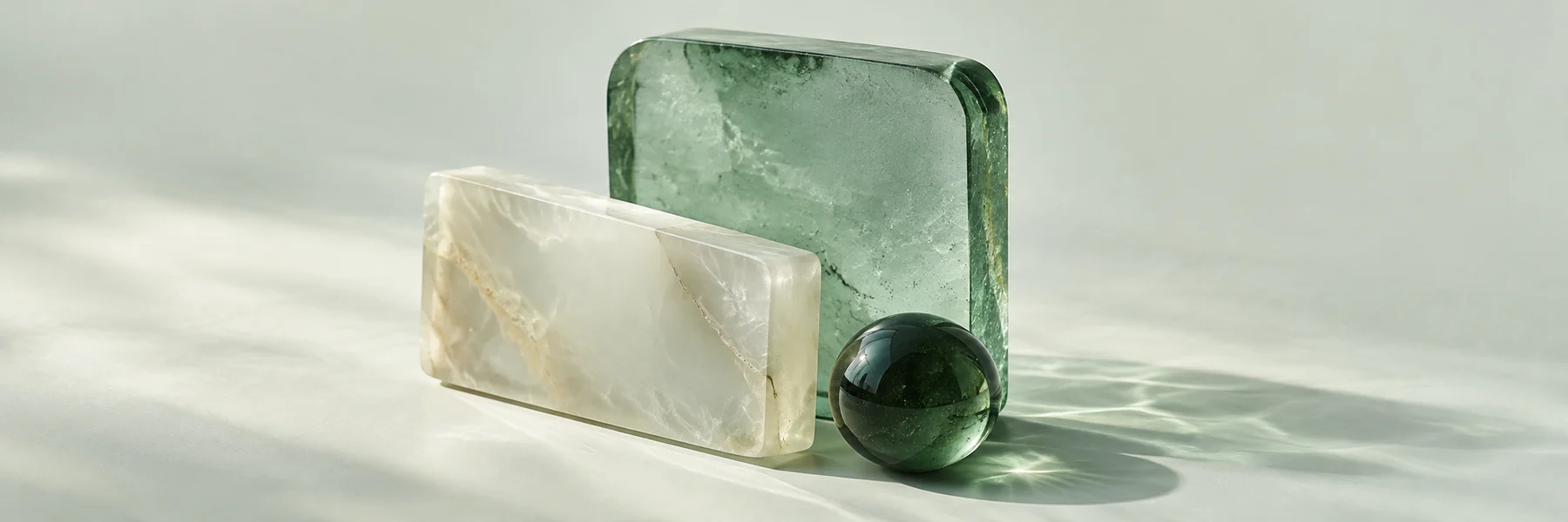 Green glass and an ivory slab in daylight