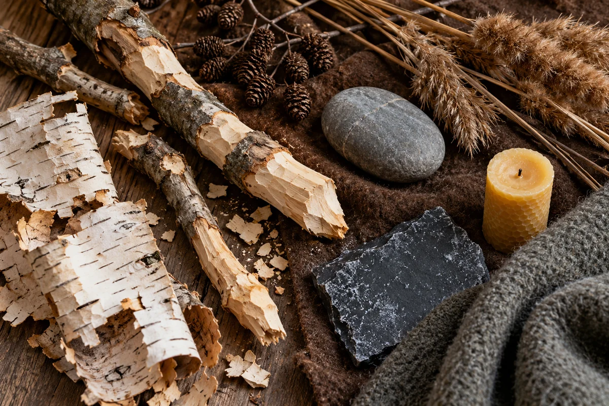 Birch bark, gnawed willow, river stone, cones, wool and beeswax lie together in a natural material study.
