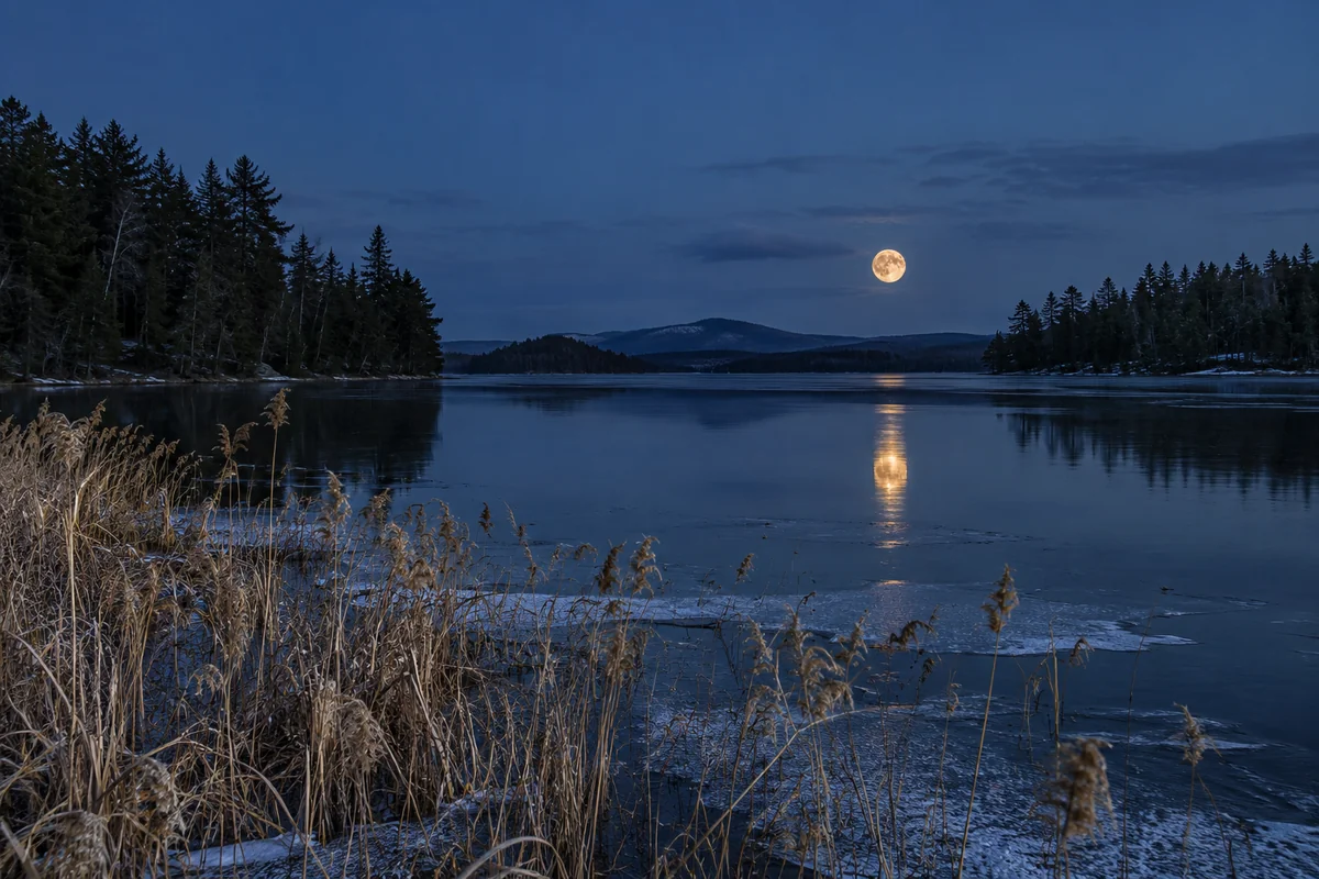 A full moon reflects on a quiet lake framed by reeds and dark conifers.