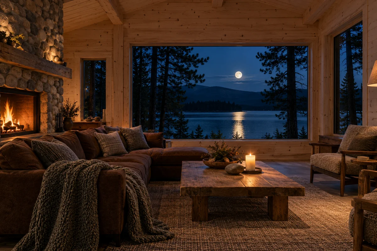 A pale timber cabin with a brown wool sofa and river-stone fireplace looks onto a moonlit lake.