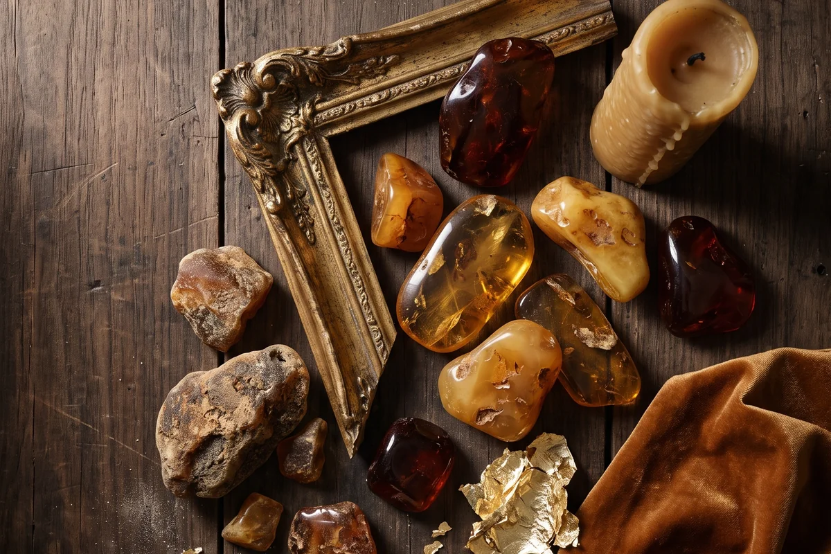 Raw and polished amber, a carved gilded frame, beeswax candles, gold leaf, pale sand and cognac velvet on walnut.