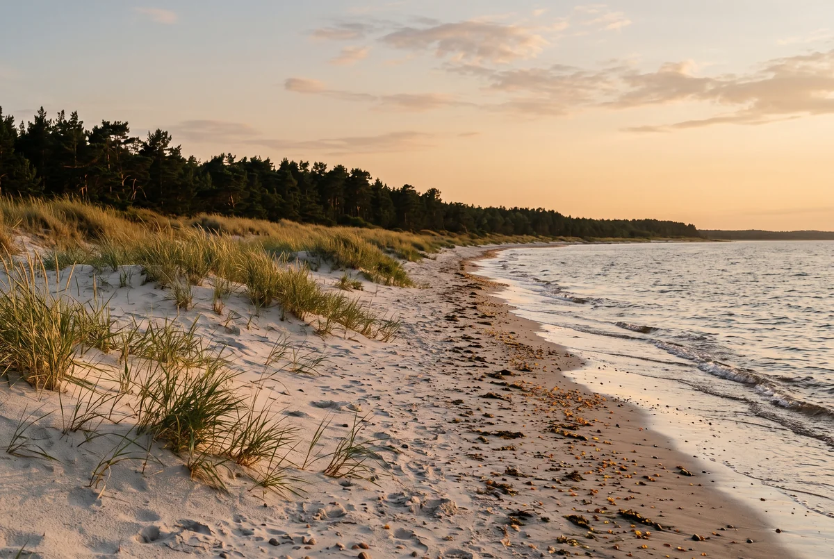 Pale sand dunes and pine forest above a calm sea in warm evening light.
