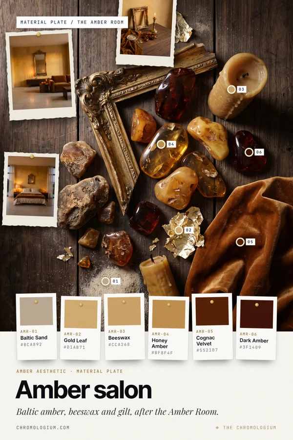 Mood board on dark walnut boards with raw and polished Baltic amber, a carved gilded frame corner, beeswax candles, gold leaf, a heap of pale sand and cognac velvet, with three pinned photos of a honey-gold salon, a candlelit bedroom and a console with amber and a candle, and six labeled paint chips below.