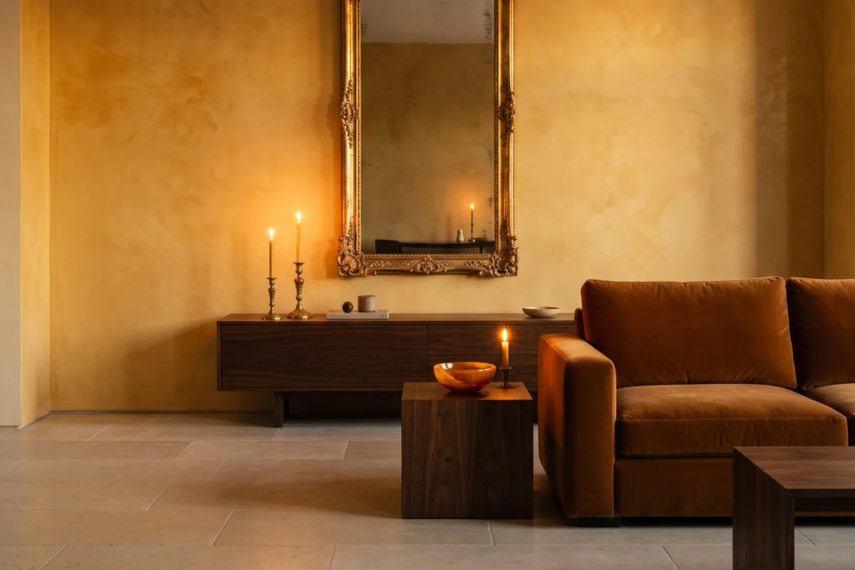 Honey-gold plaster, a gilt mirror over a walnut console, a cognac velvet sofa and candles.