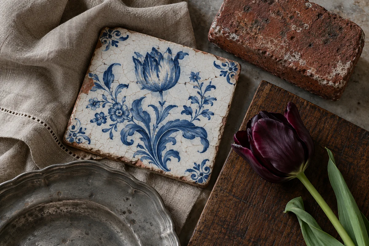 Delft blue floral ceramic, reddish canal brick, flax linen, dark oak, pewter and a burgundy tulip arranged together.