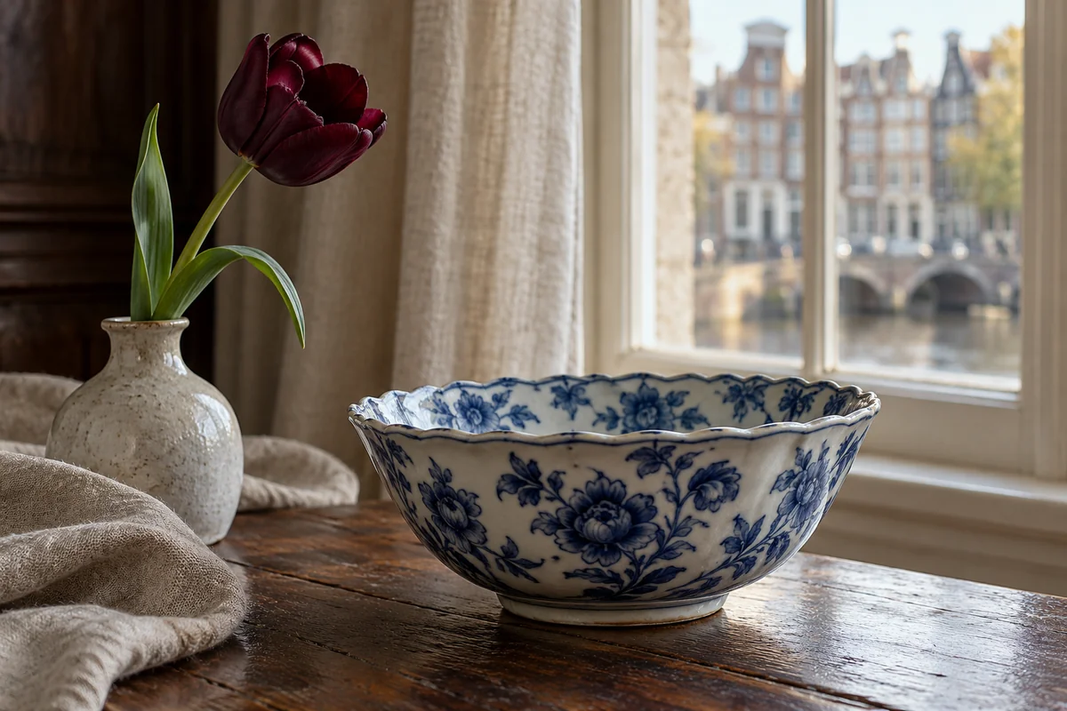 A blue-and-white ceramic bowl and deep burgundy tulip on dark oak, beside linen and a pale window.