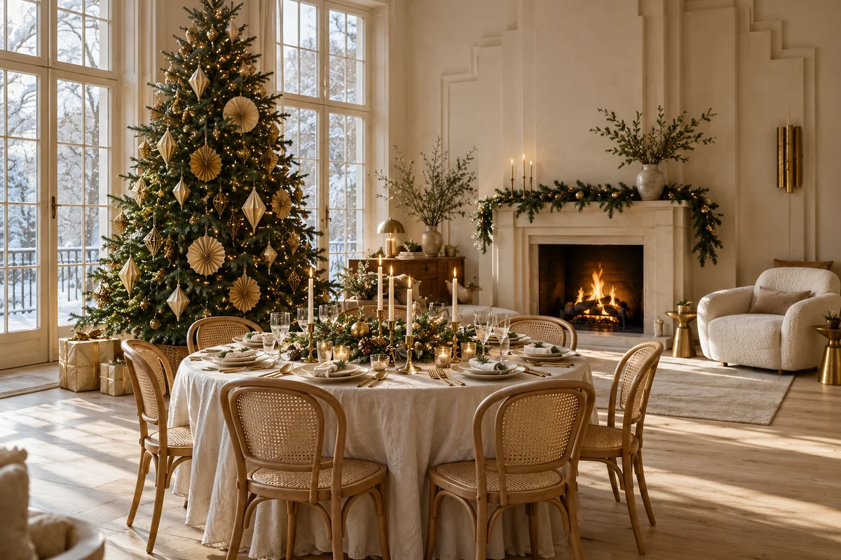 Luminous cream salon with a geometric gold-decorated Christmas tree, festive dining table, bentwood chairs and stepped plaster fireplace.