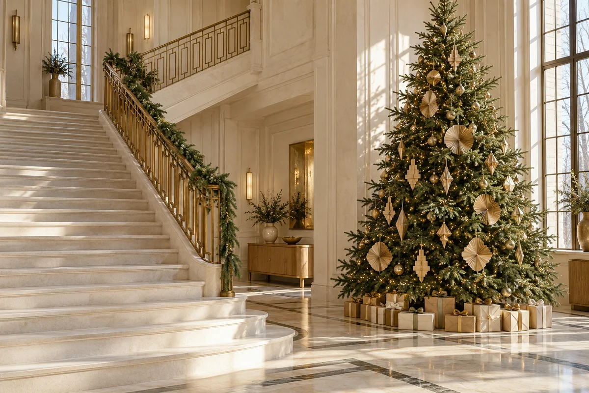 Cream stone staircase with a brass geometric balustrade and understated garland beside a tall Christmas tree with folded gold ornaments.