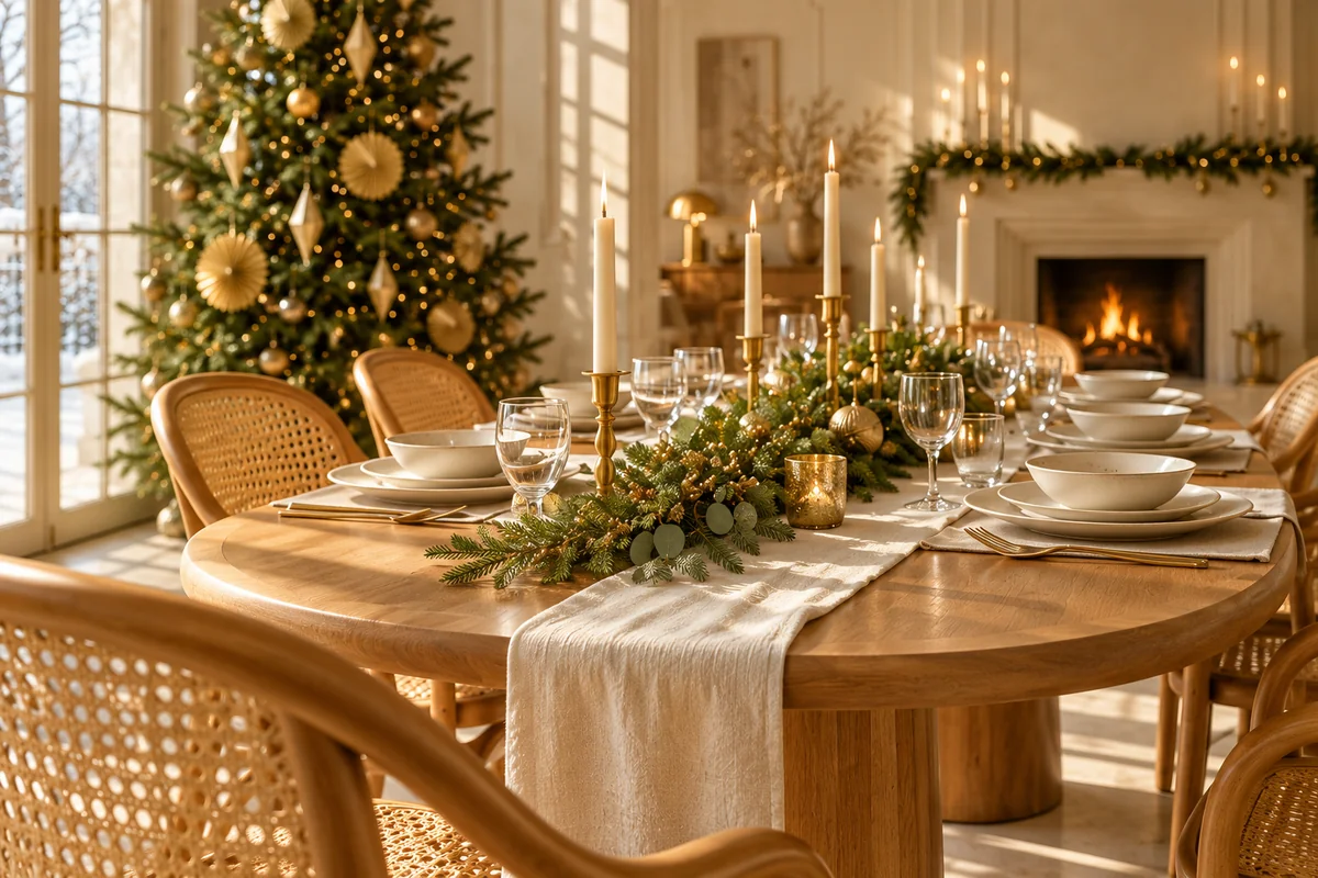 An ivory linen runner, cream ceramics, evergreen branches and slender candles in brass holders dress a beech dining table surrounded by bentwood cane chairs.