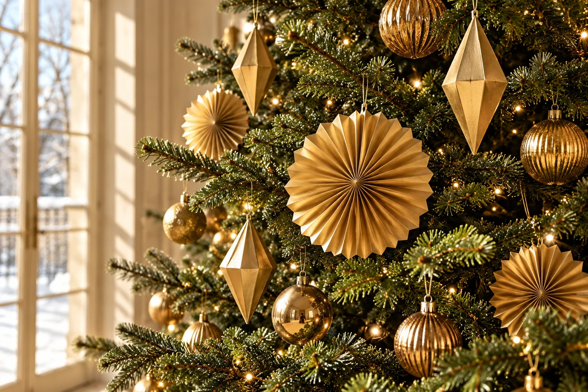 Folded gold paper fans, faceted diamond ornaments and round gold baubles hang among fir needles beside the ivory room’s tall winter windows.