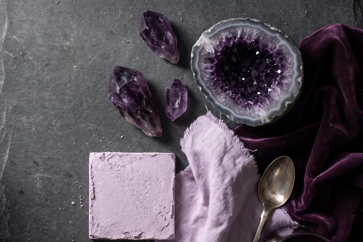 An open amethyst geode, amethyst points, a lilac plaster square, lavender linen and aubergine velvet on dark basalt.