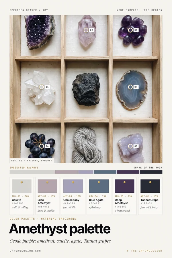 Overhead view of an oak specimen tray with nine compartments holding a purple amethyst geode piece, a pale lilac amethyst point, tumbled dark purple amethyst, a white calcite crystal, black basalt, a blue-grey agate slice, dark grapes, a skein of grey wool and a lavender chalcedony, with six labeled paint chips and a proportion bar below.
