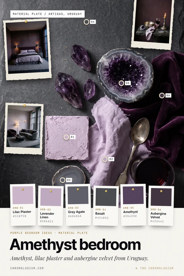 Mood board on dark basalt with an open amethyst geode, three amethyst points, a lilac plaster square, lavender linen, aubergine velvet, a grey agate slice, a silver spoon and a glass of red wine, with three pinned photos of an aubergine bedroom with a geode on a plinth, a lounge with a grey velvet sofa and a candlelit console, and six labeled paint chips below.