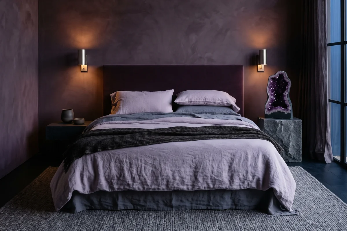 Aubergine plaster walls, lavender linen, a velvet headboard and an amethyst geode on a basalt plinth.