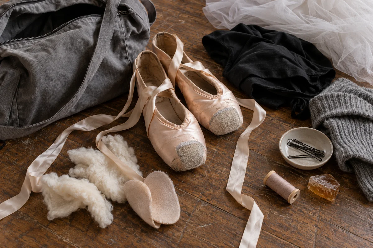 Darned pointe shoes, satin ribbons, black jersey, grey knitwear, lambswool and rosin lie on a wooden surface.