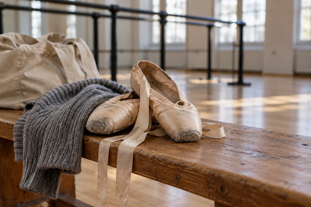 Worn pointe shoes, a grey knitted warmer and a canvas bag sit on a studio bench beside the ballet barre.