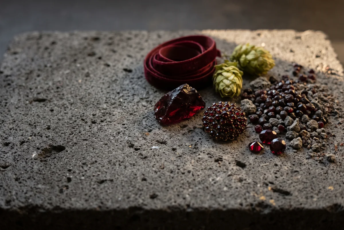 Dark red garnets in volcanic gravel, a garnet brooch, ruby glass, hop cones and red velvet ribbon on grey stone.