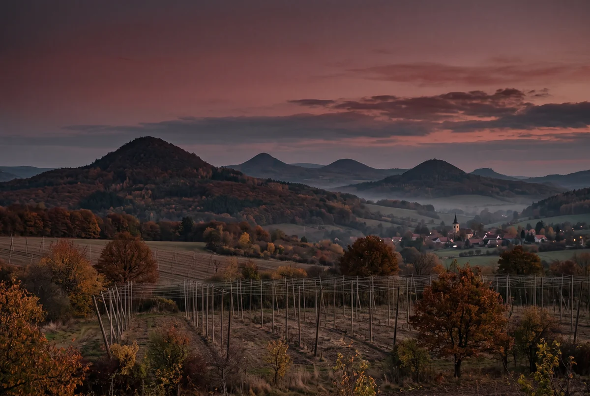 Cone-shaped wooded hills and hop gardens under a wine-red sky.