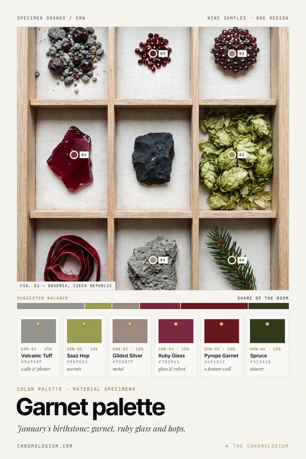 Overhead view of an oak specimen tray with nine compartments holding raw dark red garnets in grey gravel, faceted red garnets, an antique garnet brooch, a shard of ruby red glass, black basalt, dried green hop cones, a coil of red velvet ribbon, grey volcanic stone and a spruce twig, with six labeled paint chips and a proportion bar below.