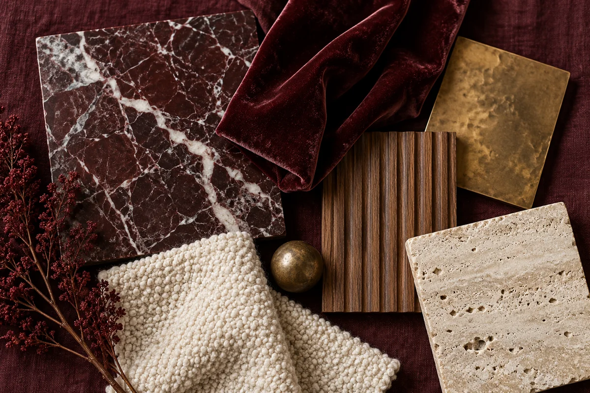 Oxblood velvet, burgundy marble, aged brass, fluted walnut, cream bouclé and pale travertine arranged together.