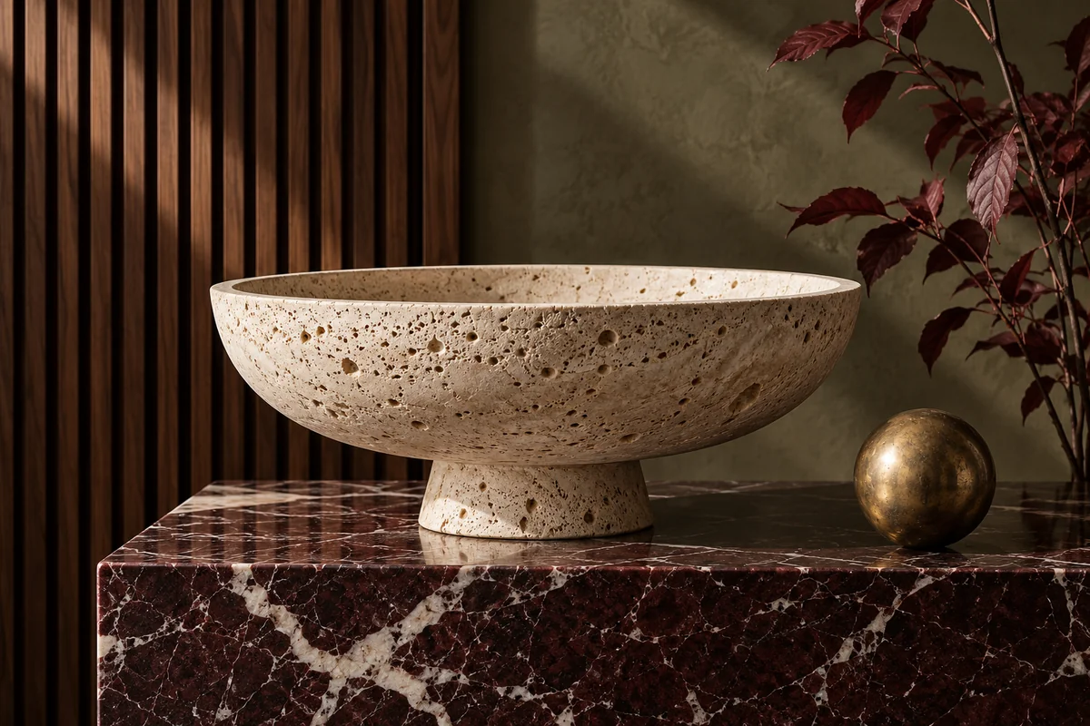 Pale travertine pedestal bowl on a burgundy marble plinth beside an aged brass sphere and dark walnut fluting.