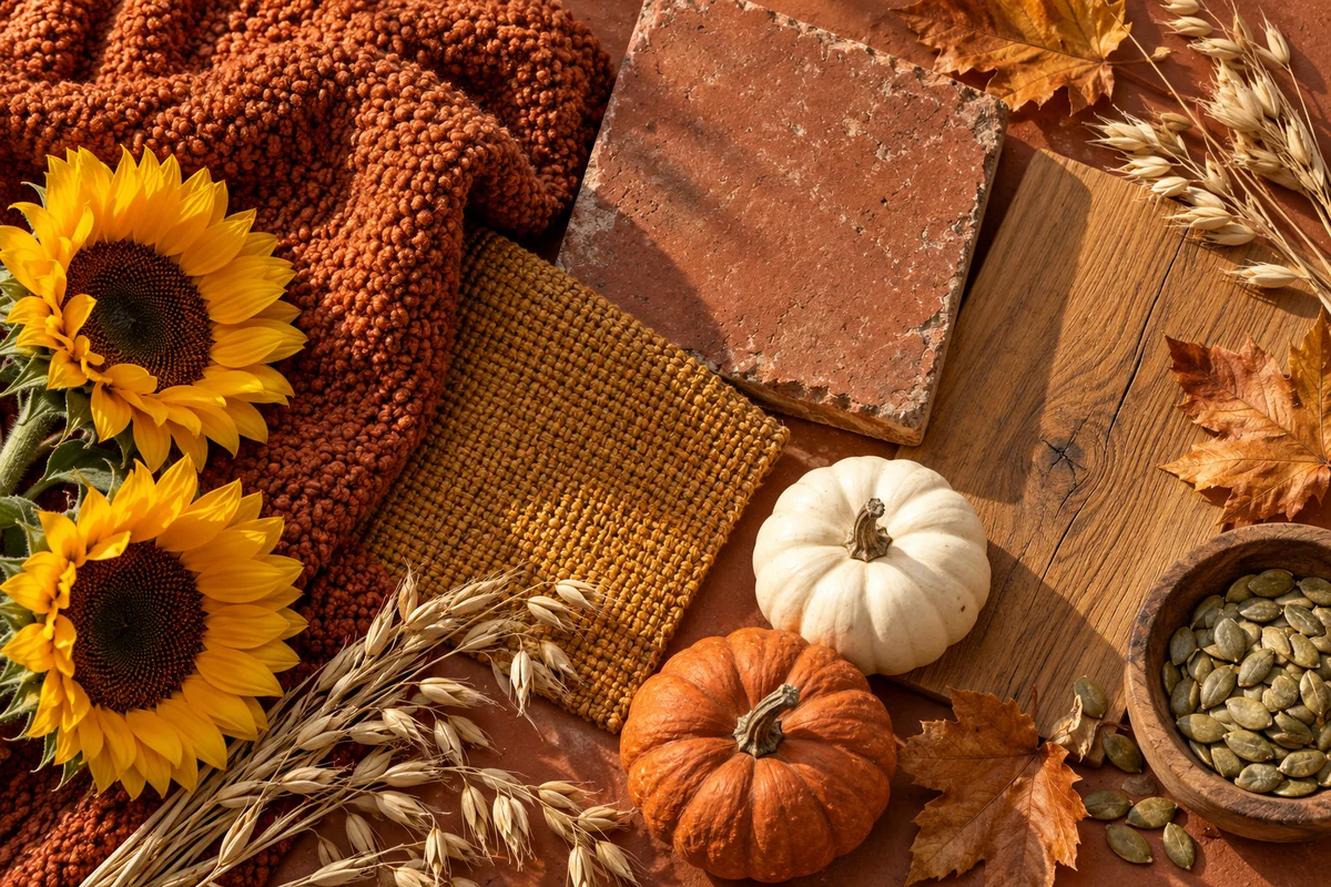 Rust bouclé, golden basketweave, terracotta tile, oak, sunflowers and small pumpkins in an autumn flat lay.