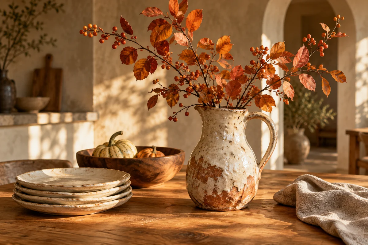 Speckled terracotta pitcher holding autumn branches beside stacked ceramic plates and a bowl of small pumpkins.