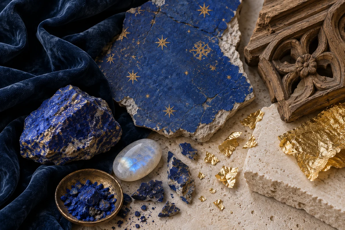 Ultramarine plaster, gold stars, midnight velvet, lapis, moonstone and carved oak arranged over pale limestone.