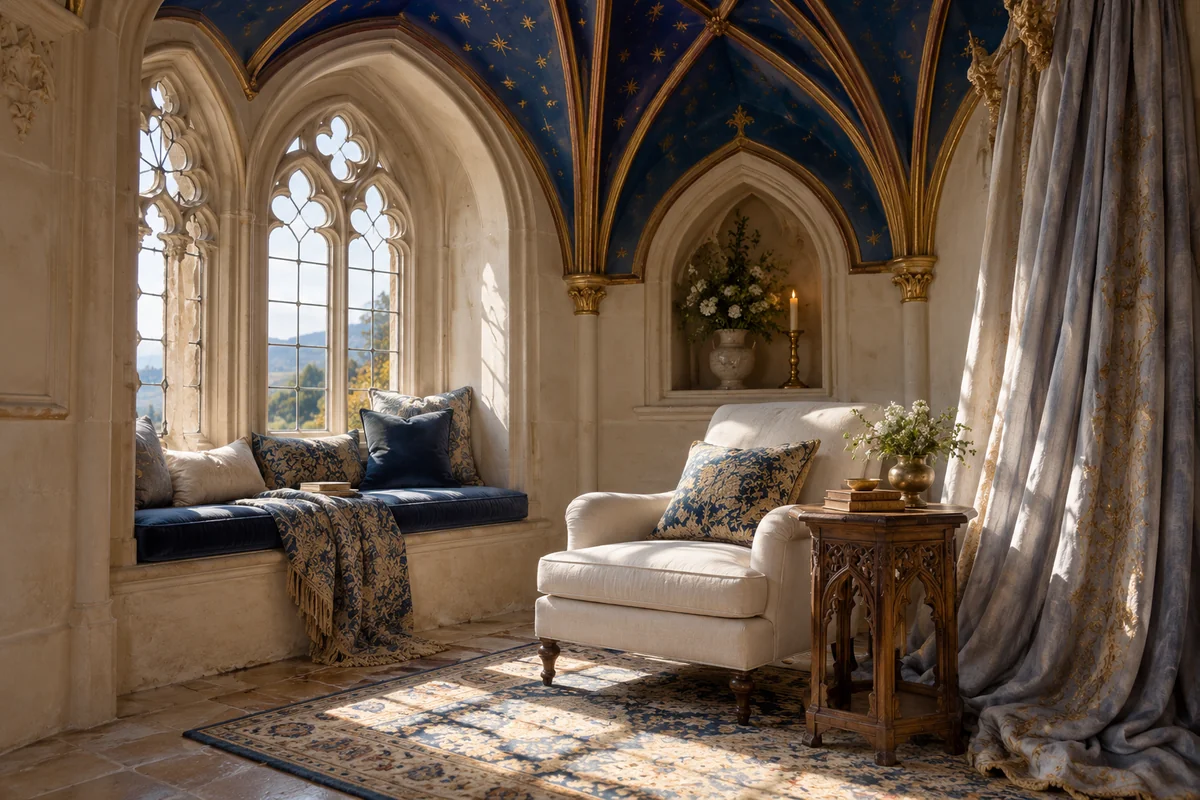 A pale upholstered chair and carved oak table beneath a star-painted blue ceiling, with moonstone drapes beside the window.