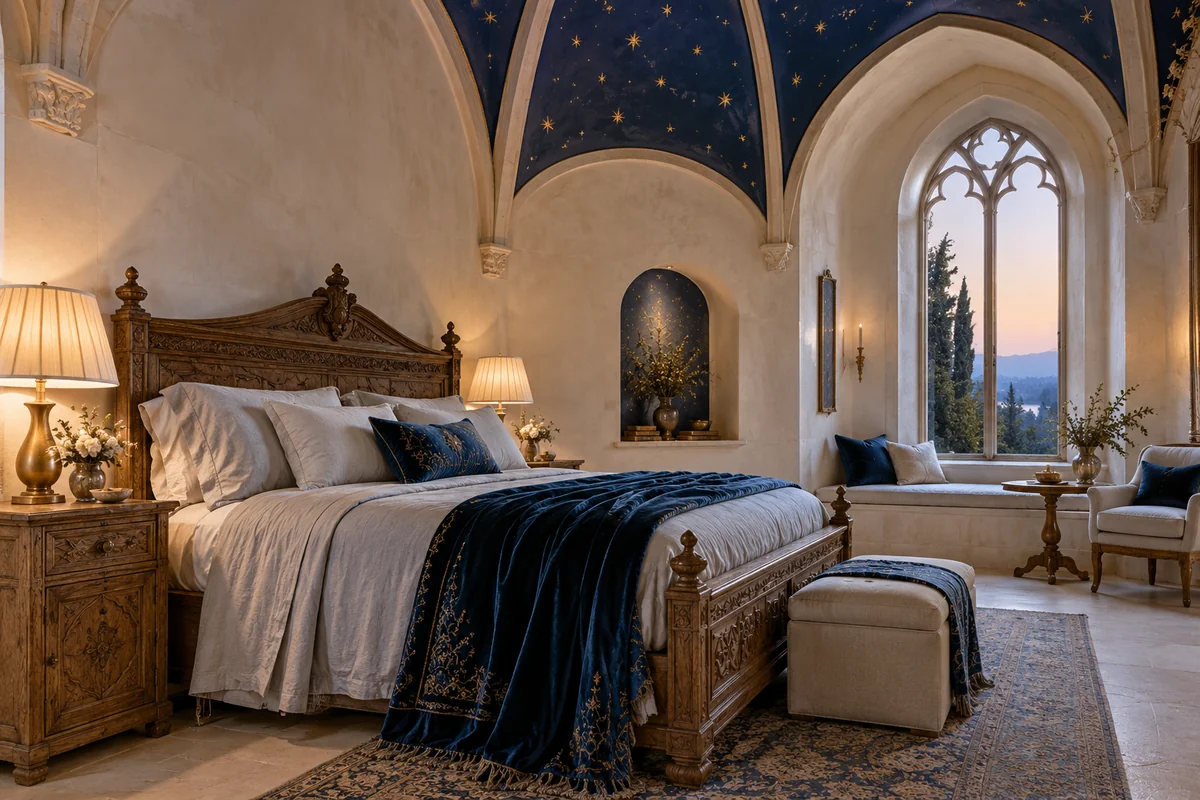 A bedroom with a blue star-painted vaulted ceiling, pale walls, carved oak bed and midnight velvet bedding.