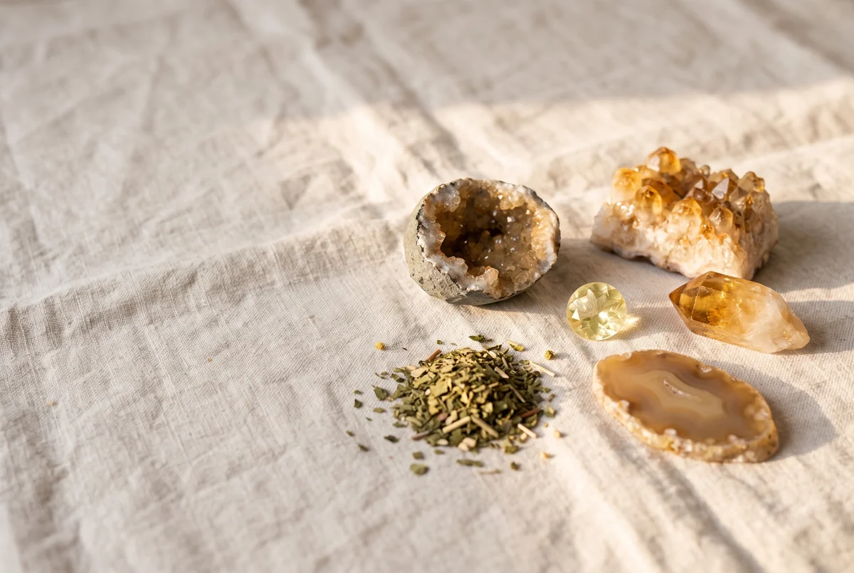 A citrine cluster, a honey citrine point, a golden geode, banded agate and yerba mate leaves on pale linen.