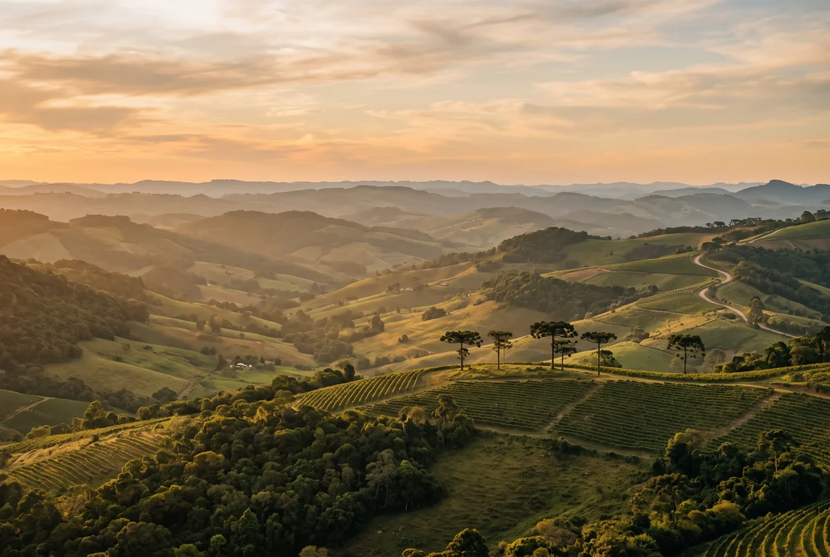 Rolling green hills with vineyards and araucaria pines in warm late-afternoon haze.