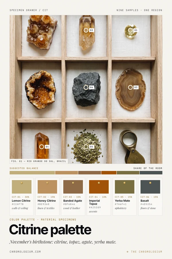 Overhead view of an oak specimen tray with nine compartments holding a citrine cluster, a honey citrine point, a faceted pale yellow citrine, a golden quartz geode, a basalt rock, a slice of banded agate, an orange topaz crystal, dried yerba mate leaves and a brass loupe, with six labeled paint chips and a proportion bar below.