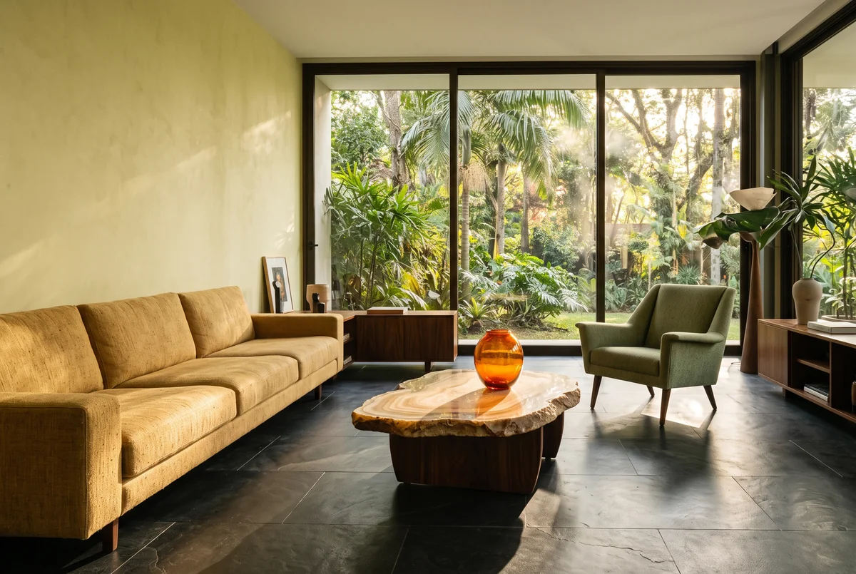 Lemon plaster walls, a honey linen sofa, an agate-topped table, a dark basalt floor and a window onto green trees.