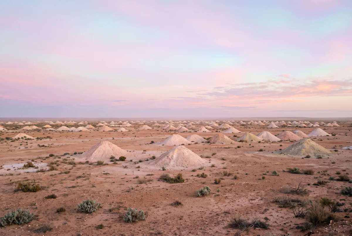 A flat desert with pale mounds of excavated earth under a pink and lilac sky.