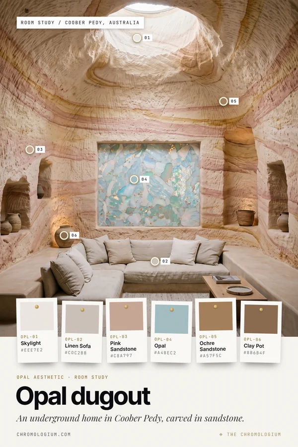 An underground living room carved into pink and cream banded sandstone, with a round skylight in the curved ceiling, a sunken L-shaped linen sofa, clay pots in wall niches and a large iridescent opal-coloured mosaic panel, with six labeled paint chips below.