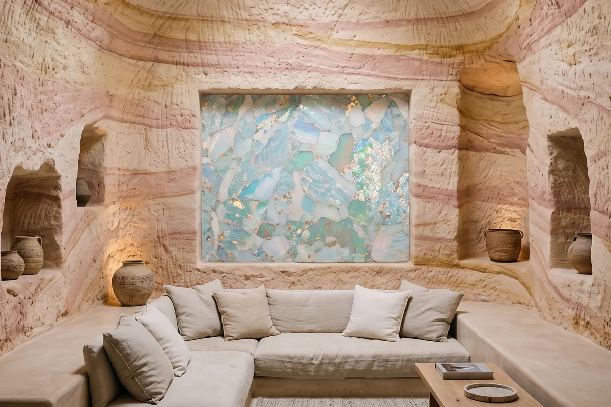 A room carved into pink and cream banded sandstone with a skylight, a sunken linen sofa and an opal-colored glass panel.