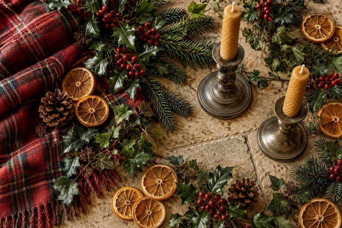 Fir, holly, ivy, red berries, dried oranges, tartan wool, pewter candlesticks and beeswax candles on honey limestone.