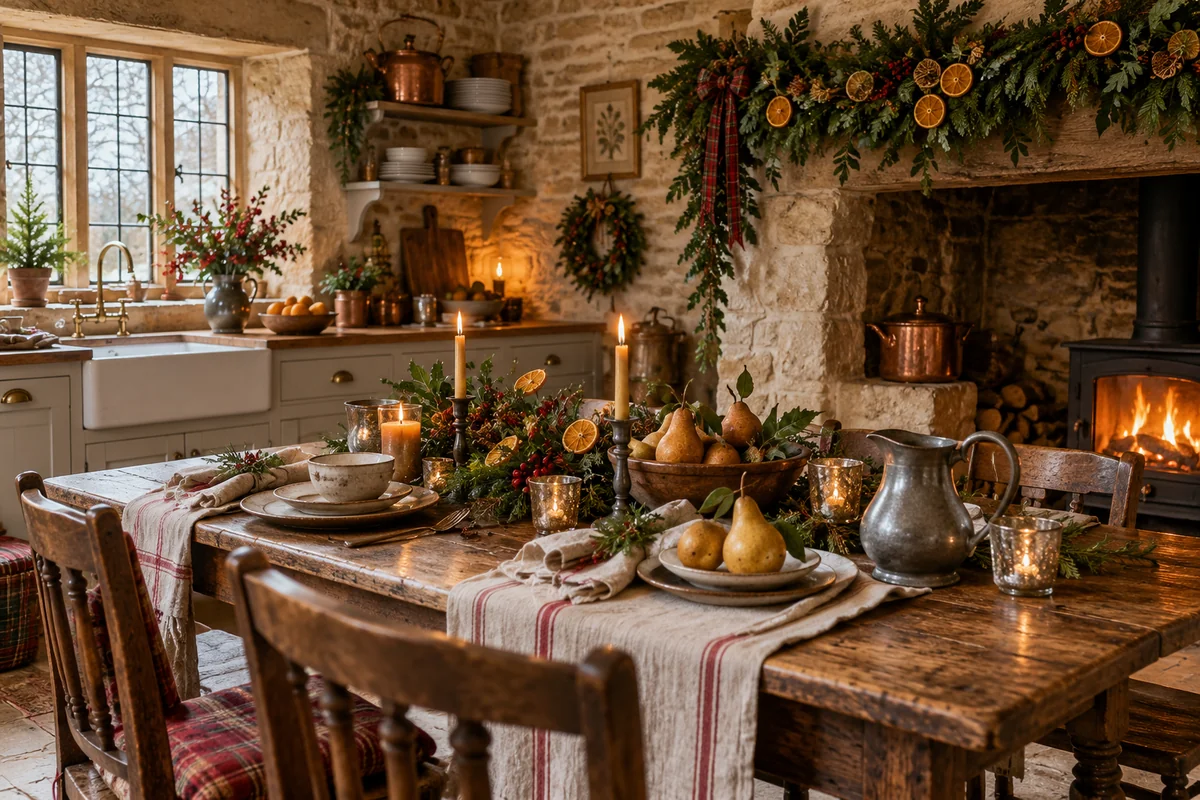 A cottage kitchen table with ceramics, pears, linen and pewter beneath a fir and dried-orange garland.