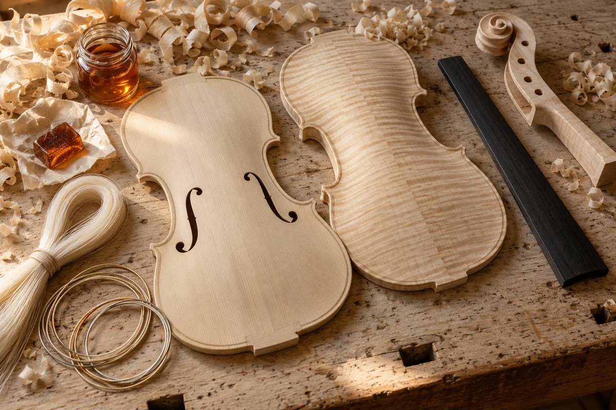Spruce and flamed maple violin plates sit with a carved scroll, ebony, wood shavings and amber varnish.