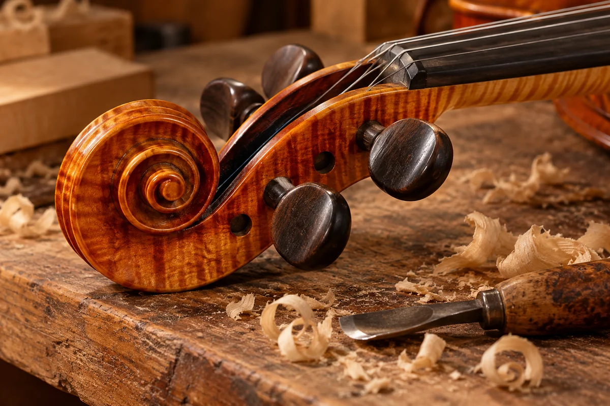 A warm maple violin scroll and ebony fingerboard rest beside a small gouge and pale wood shavings.