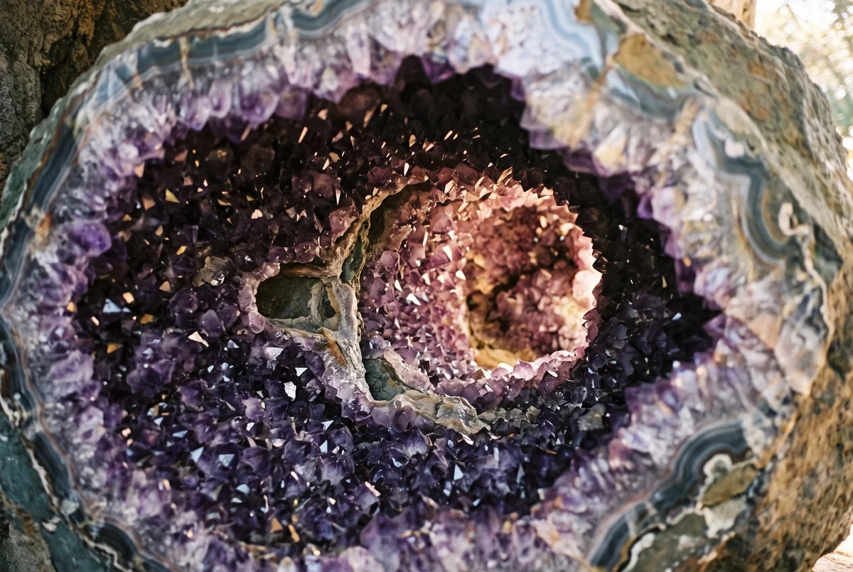 A cave-like hollow lined with deep violet amethyst crystals inside a grey agate rind.