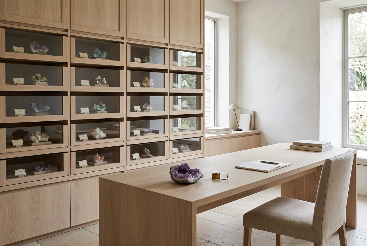 Pale oak cabinets with shallow glass drawers of crystals, a writing table with an amethyst geode and a tall window.