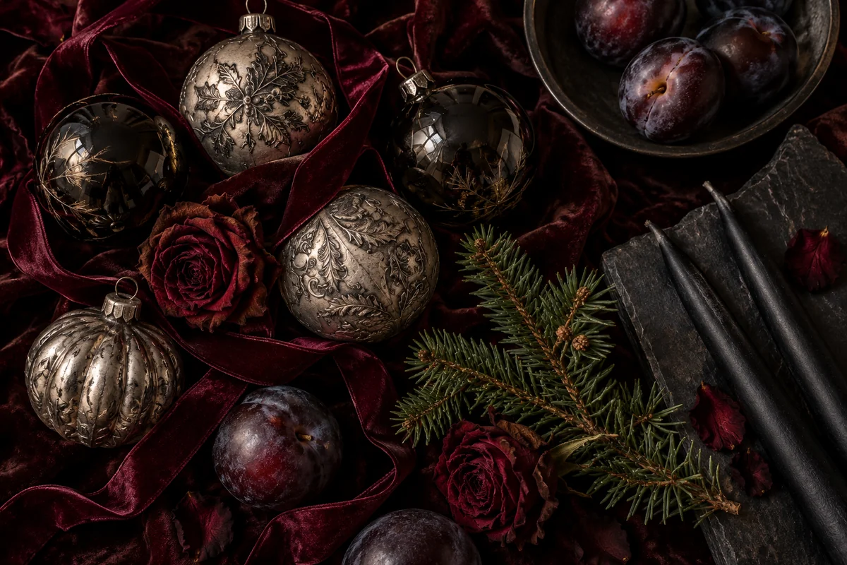 Antique silver and smoky black glass ornaments rest among burgundy velvet ribbon, dried roses, fir and slate.