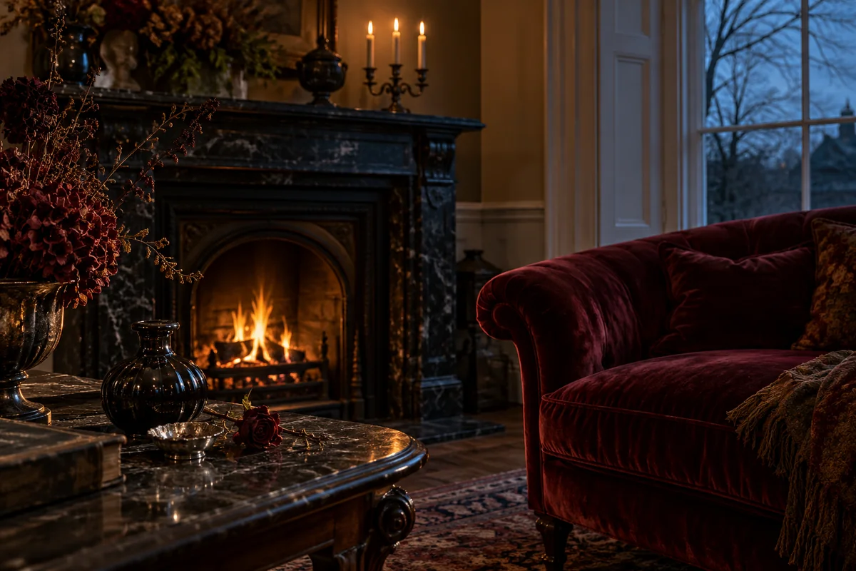 A curved burgundy velvet sofa sits beside a glowing black marble fireplace with antique silver ornaments.