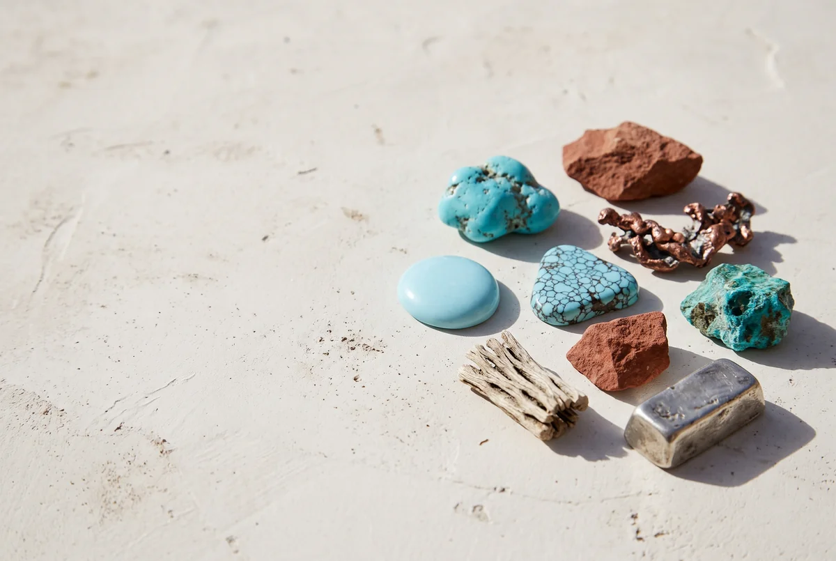 Raw and polished turquoise, chrysocolla, native copper, red sandstone, a saguaro rib and a silver ingot on pale plaster.