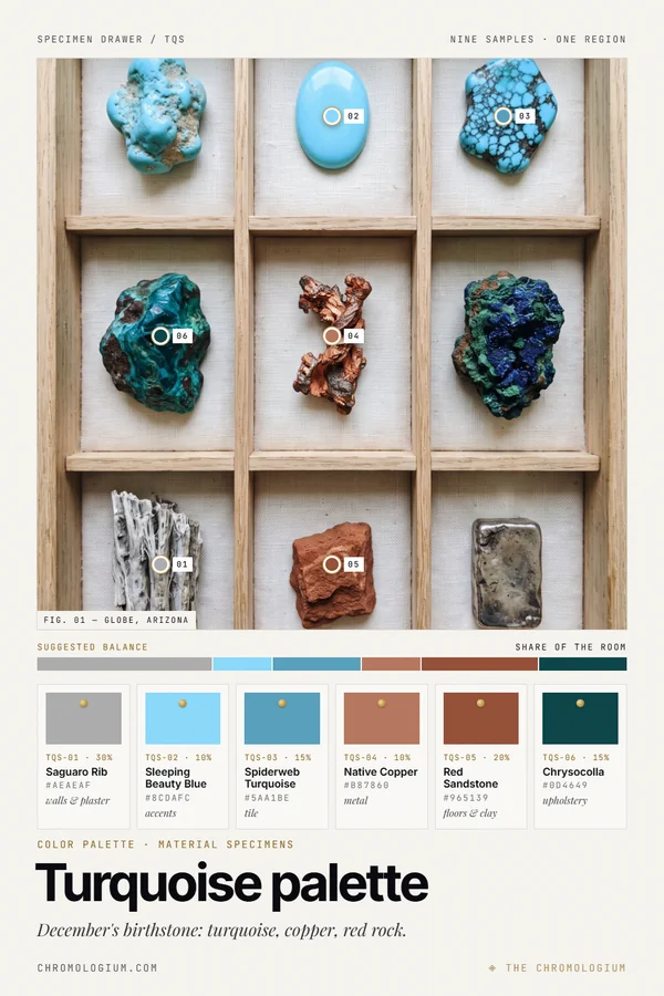 Overhead view of an oak specimen tray with nine compartments holding a raw blue turquoise nugget, a polished pale blue turquoise cabochon, turquoise with dark veining, blue-green chrysocolla, native copper, blue azurite with green malachite, a bleached saguaro rib, red sandstone and a silver ingot, with six labeled paint chips and a proportion bar below.