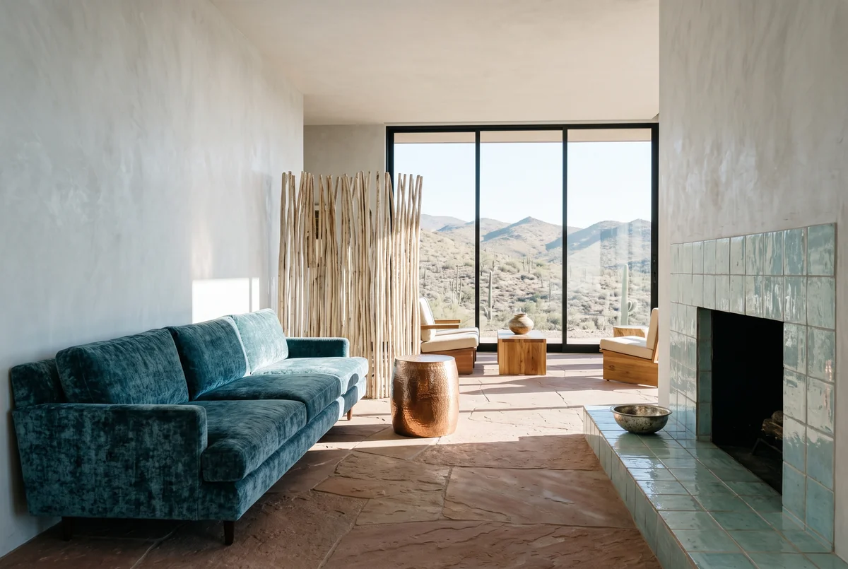 Pale plaster, a red sandstone floor, a blue-green velvet sofa, a turquoise tile fireplace and a view of saguaro hills.